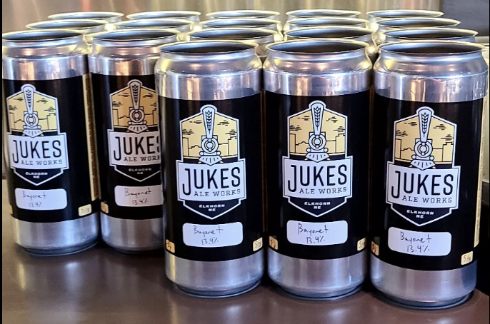 Jukes Ale Works crowlers lined up at the taproom, ready to fill with V.1 Bayonet Barleywine